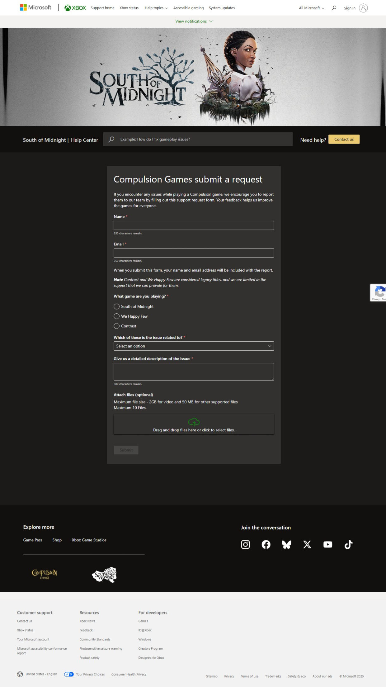 South of Midnight Support Form – User Issue Reporting
