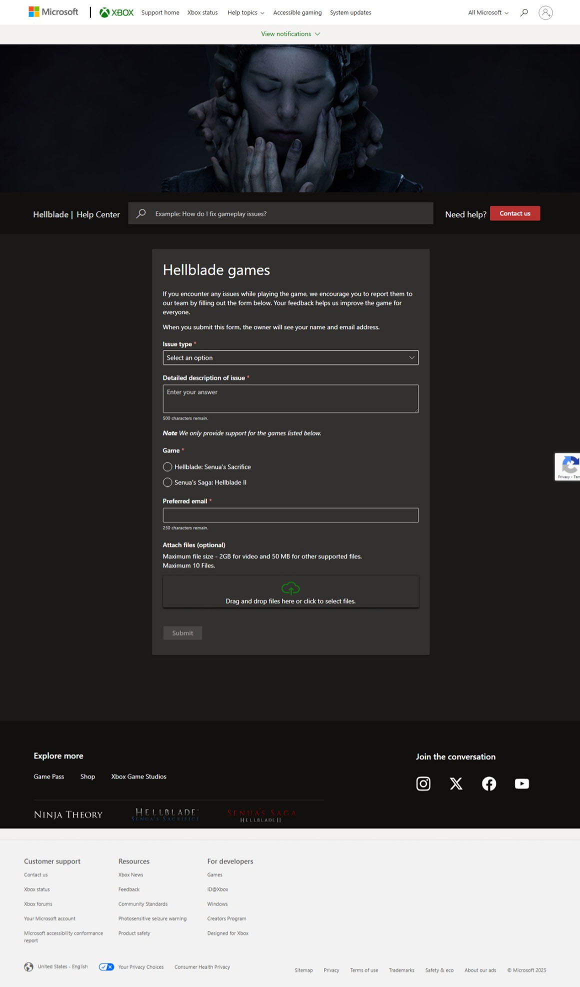 Hellblade Support Form – User Issue Reporting